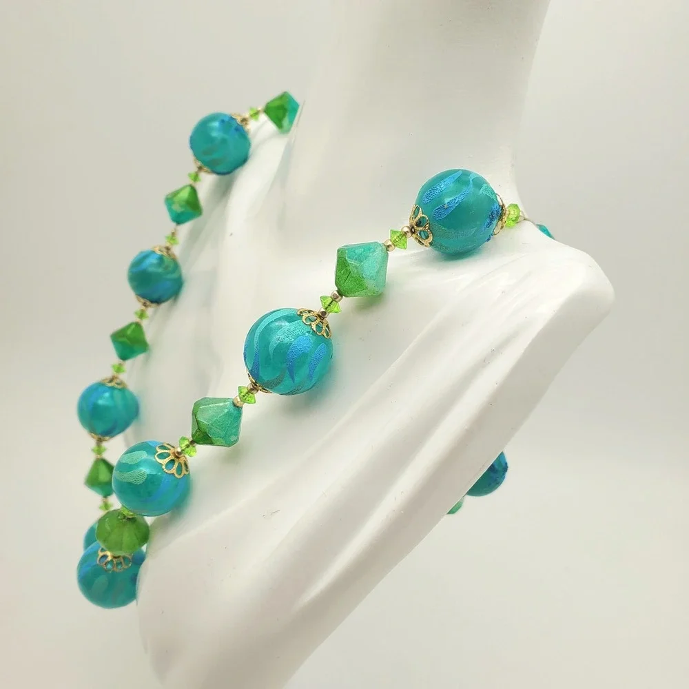 Hong Kong Necklace Clip Earrings Blue Green Flocked Beaded Acrylic Lucite Summer
